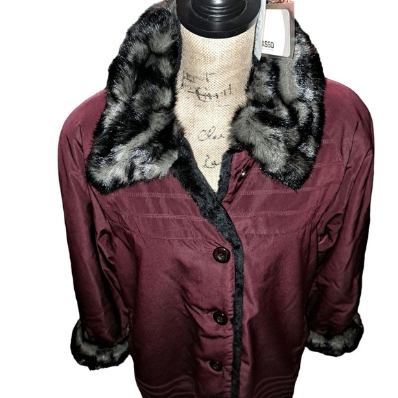 New with Tags Dennis by Dennis Basso Burgundy Mid Length Faux Fur Large - Picture 2 of 10